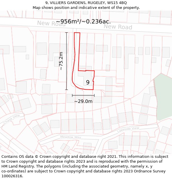 9, VILLIERS GARDENS, RUGELEY, WS15 4BQ: Plot and title map