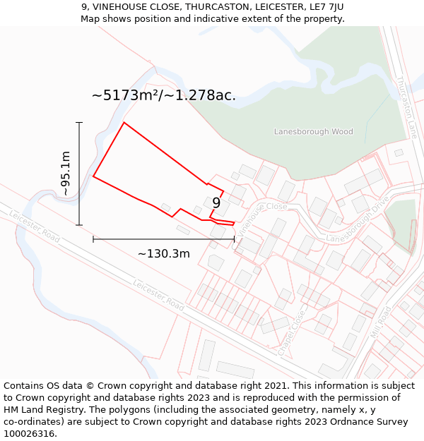 9, VINEHOUSE CLOSE, THURCASTON, LEICESTER, LE7 7JU: Plot and title map