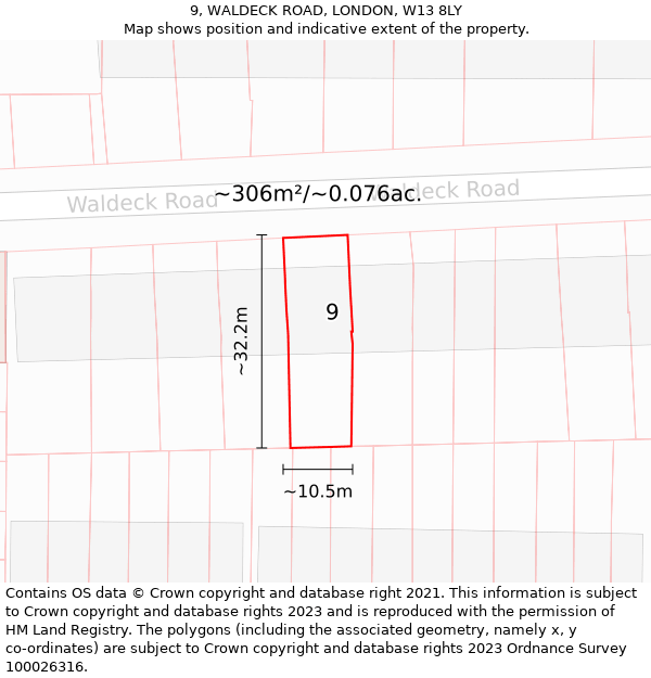 9, WALDECK ROAD, LONDON, W13 8LY: Plot and title map