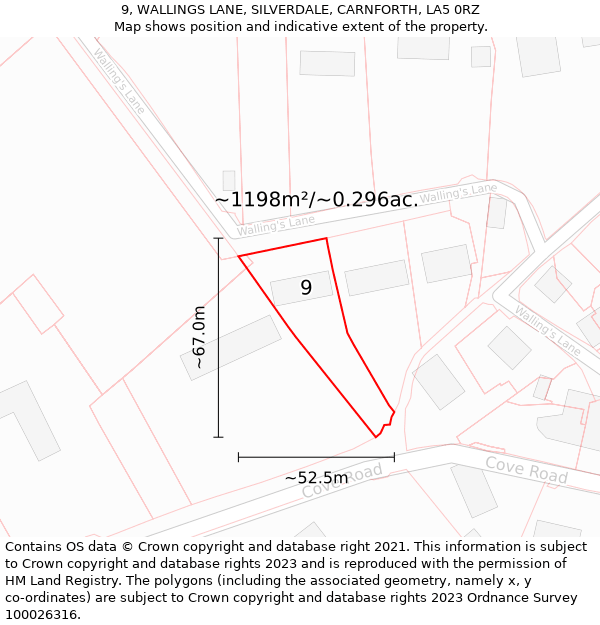 9, WALLINGS LANE, SILVERDALE, CARNFORTH, LA5 0RZ: Plot and title map