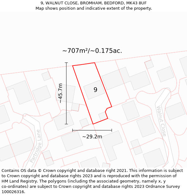 9, WALNUT CLOSE, BROMHAM, BEDFORD, MK43 8UF: Plot and title map