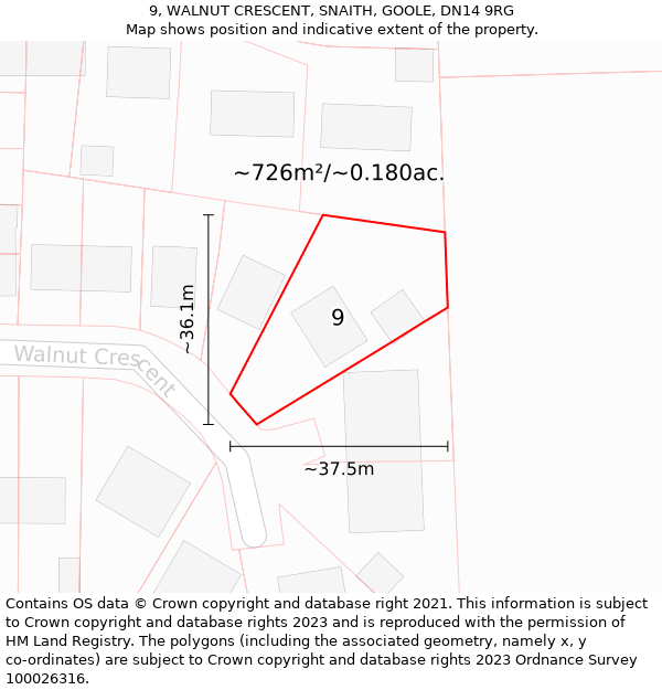 9, WALNUT CRESCENT, SNAITH, GOOLE, DN14 9RG: Plot and title map