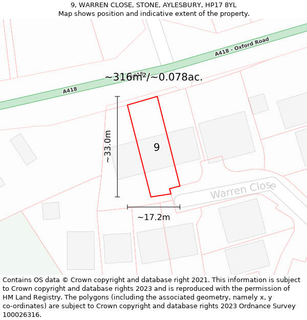 9, WARREN CLOSE, STONE, AYLESBURY, HP17 8YL: Plot and title map