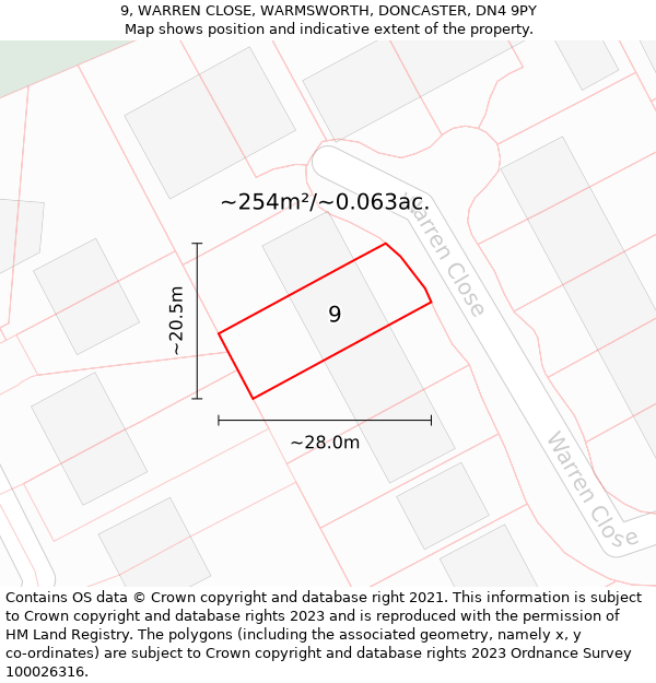 9, WARREN CLOSE, WARMSWORTH, DONCASTER, DN4 9PY: Plot and title map