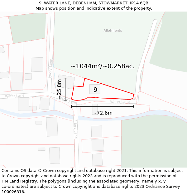 9, WATER LANE, DEBENHAM, STOWMARKET, IP14 6QB: Plot and title map