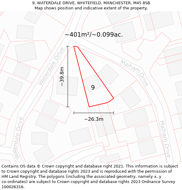 9, WATERDALE DRIVE, WHITEFIELD, MANCHESTER, M45 8SB: Plot and title map