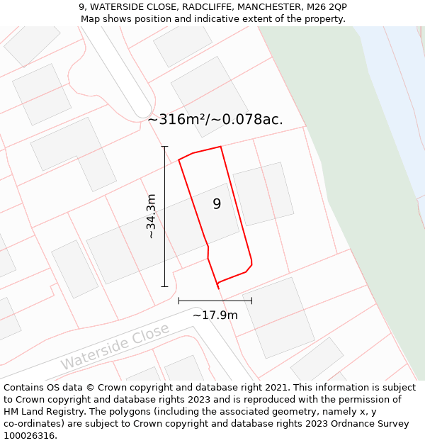 9, WATERSIDE CLOSE, RADCLIFFE, MANCHESTER, M26 2QP: Plot and title map