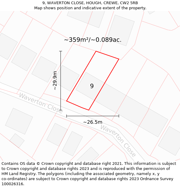 9, WAVERTON CLOSE, HOUGH, CREWE, CW2 5RB: Plot and title map