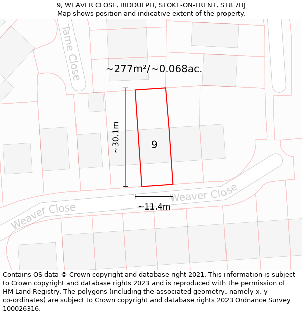 9, WEAVER CLOSE, BIDDULPH, STOKE-ON-TRENT, ST8 7HJ: Plot and title map