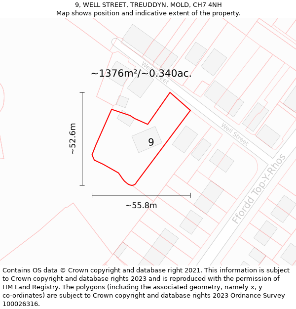 9, WELL STREET, TREUDDYN, MOLD, CH7 4NH: Plot and title map