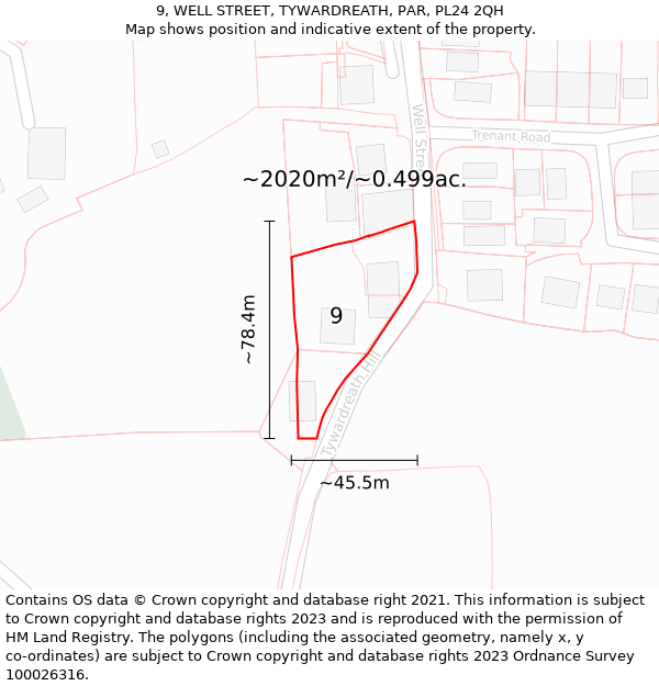 9, WELL STREET, TYWARDREATH, PAR, PL24 2QH: Plot and title map