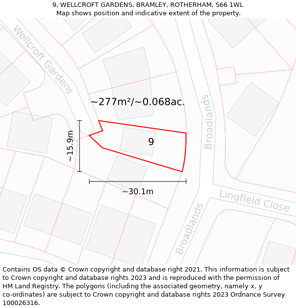 9, WELLCROFT GARDENS, BRAMLEY, ROTHERHAM, S66 1WL: Plot and title map