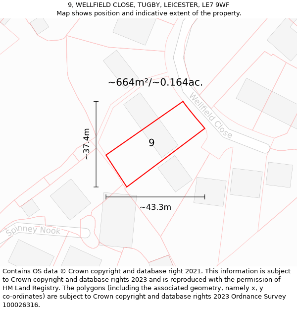 9, WELLFIELD CLOSE, TUGBY, LEICESTER, LE7 9WF: Plot and title map