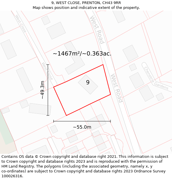 9, WEST CLOSE, PRENTON, CH43 9RR: Plot and title map