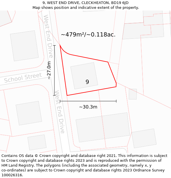 9, WEST END DRIVE, CLECKHEATON, BD19 6JD: Plot and title map