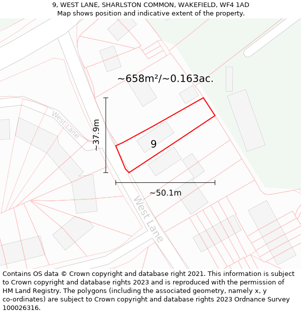 9, WEST LANE, SHARLSTON COMMON, WAKEFIELD, WF4 1AD: Plot and title map