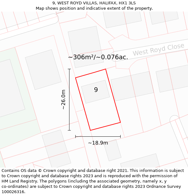 9, WEST ROYD VILLAS, HALIFAX, HX1 3LS: Plot and title map