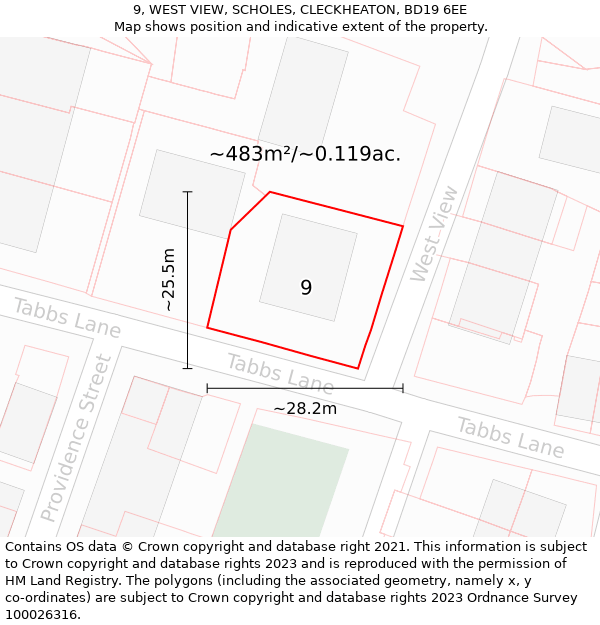 9, WEST VIEW, SCHOLES, CLECKHEATON, BD19 6EE: Plot and title map