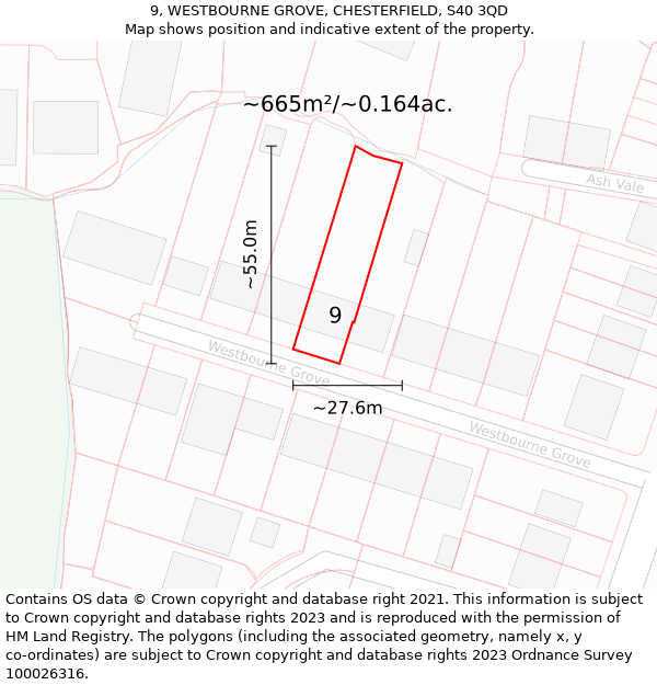 9, WESTBOURNE GROVE, CHESTERFIELD, S40 3QD: Plot and title map