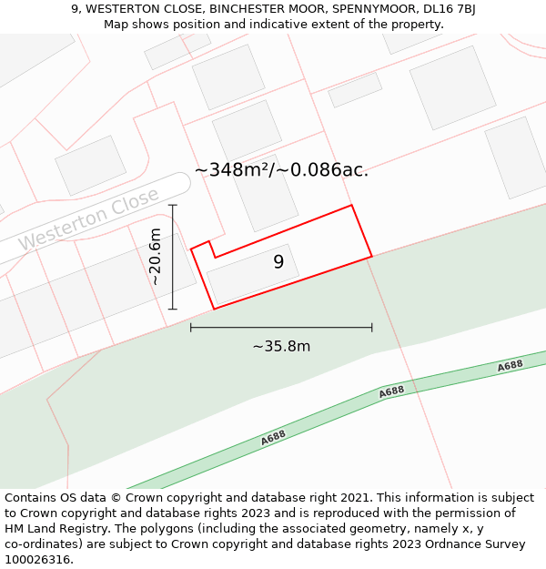 9, WESTERTON CLOSE, BINCHESTER MOOR, SPENNYMOOR, DL16 7BJ: Plot and title map