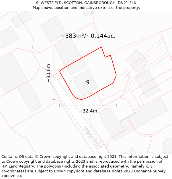 9, WESTFIELD, SCOTTON, GAINSBOROUGH, DN21 3LX: Plot and title map