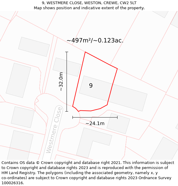 9, WESTMERE CLOSE, WESTON, CREWE, CW2 5LT: Plot and title map