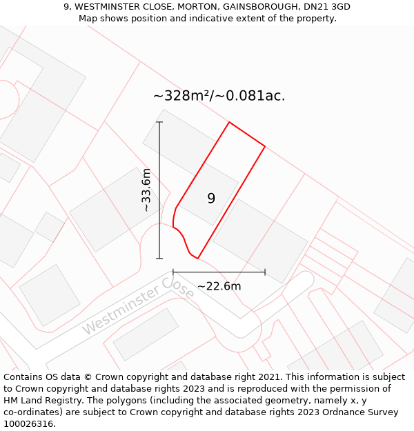 9, WESTMINSTER CLOSE, MORTON, GAINSBOROUGH, DN21 3GD: Plot and title map