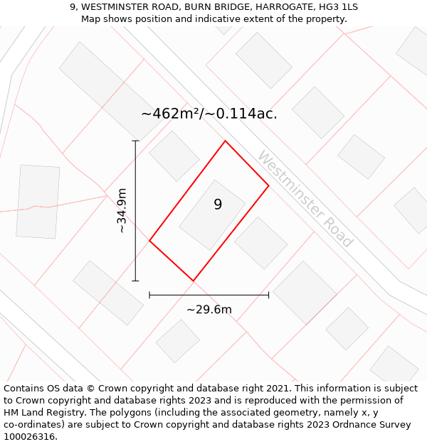 9, WESTMINSTER ROAD, BURN BRIDGE, HARROGATE, HG3 1LS: Plot and title map