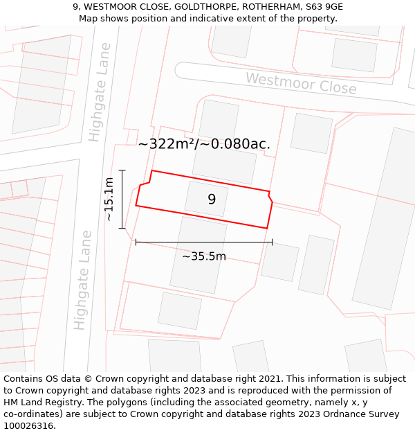 9, WESTMOOR CLOSE, GOLDTHORPE, ROTHERHAM, S63 9GE: Plot and title map