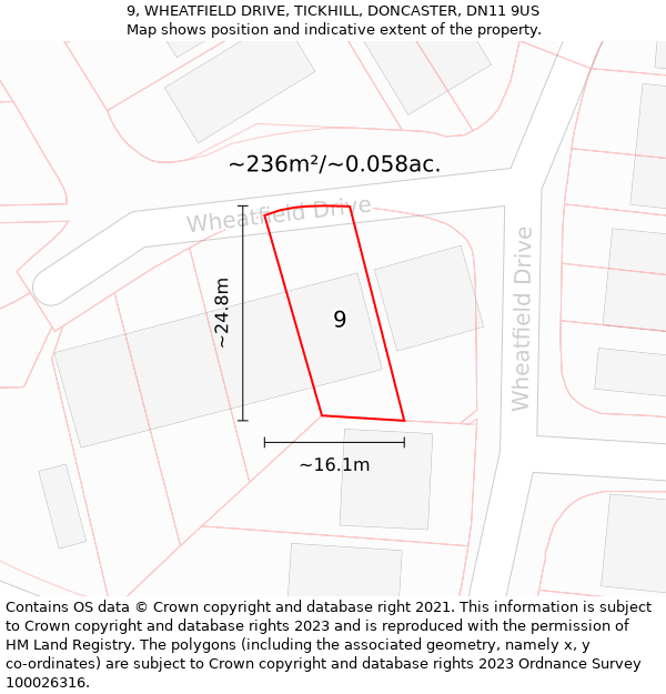 9, WHEATFIELD DRIVE, TICKHILL, DONCASTER, DN11 9US: Plot and title map