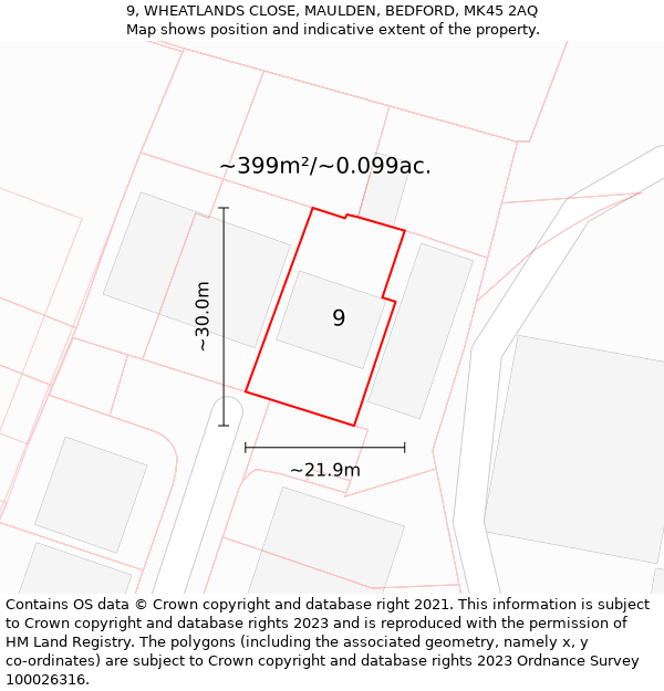 9, WHEATLANDS CLOSE, MAULDEN, BEDFORD, MK45 2AQ: Plot and title map