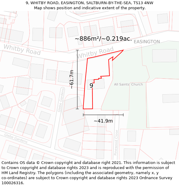 9, WHITBY ROAD, EASINGTON, SALTBURN-BY-THE-SEA, TS13 4NW: Plot and title map