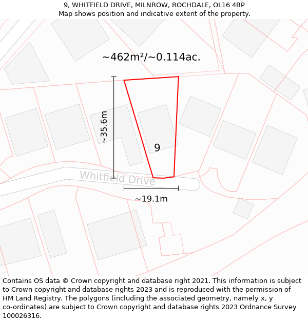 9, WHITFIELD DRIVE, MILNROW, ROCHDALE, OL16 4BP: Plot and title map