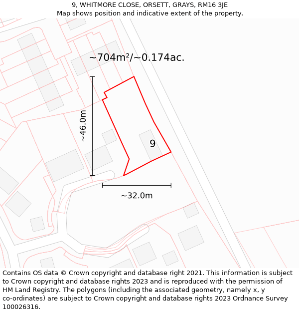 9, WHITMORE CLOSE, ORSETT, GRAYS, RM16 3JE: Plot and title map