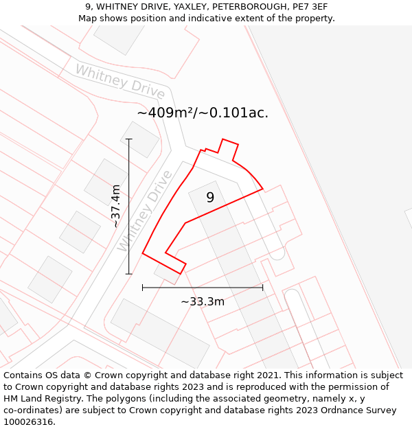 9, WHITNEY DRIVE, YAXLEY, PETERBOROUGH, PE7 3EF: Plot and title map