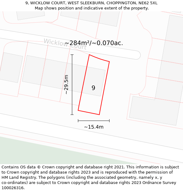 9, WICKLOW COURT, WEST SLEEKBURN, CHOPPINGTON, NE62 5XL: Plot and title map