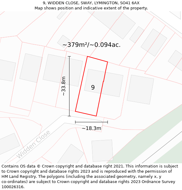 9, WIDDEN CLOSE, SWAY, LYMINGTON, SO41 6AX: Plot and title map