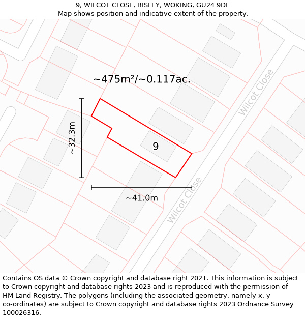 9, WILCOT CLOSE, BISLEY, WOKING, GU24 9DE: Plot and title map