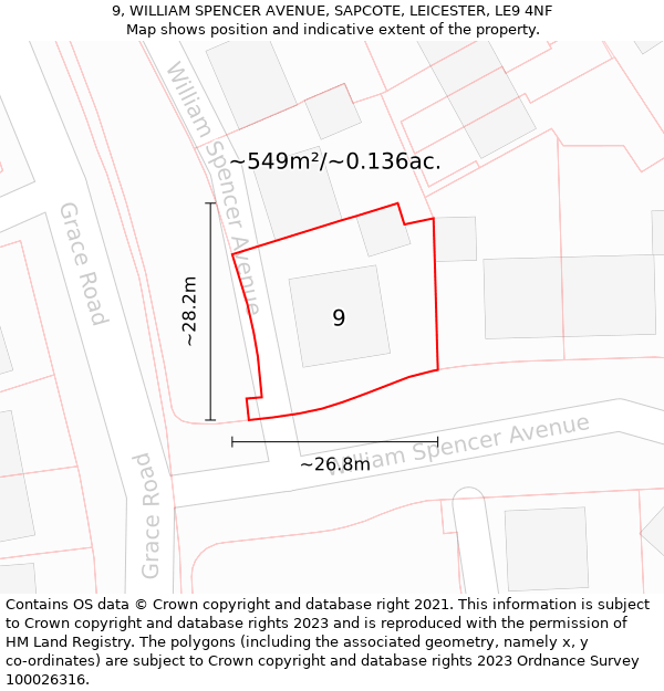 9, WILLIAM SPENCER AVENUE, SAPCOTE, LEICESTER, LE9 4NF: Plot and title map