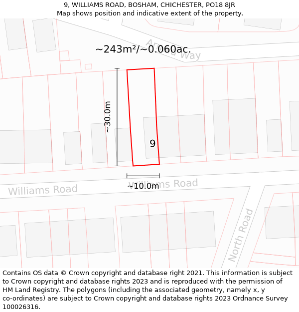 9, WILLIAMS ROAD, BOSHAM, CHICHESTER, PO18 8JR: Plot and title map