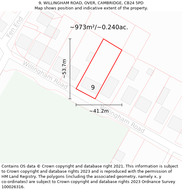 9, WILLINGHAM ROAD, OVER, CAMBRIDGE, CB24 5PD: Plot and title map