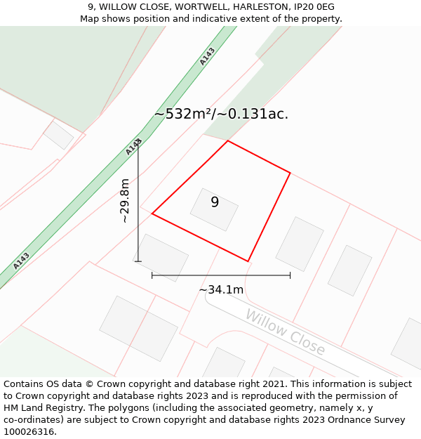 9, WILLOW CLOSE, WORTWELL, HARLESTON, IP20 0EG: Plot and title map