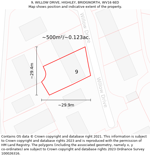 9, WILLOW DRIVE, HIGHLEY, BRIDGNORTH, WV16 6ED: Plot and title map