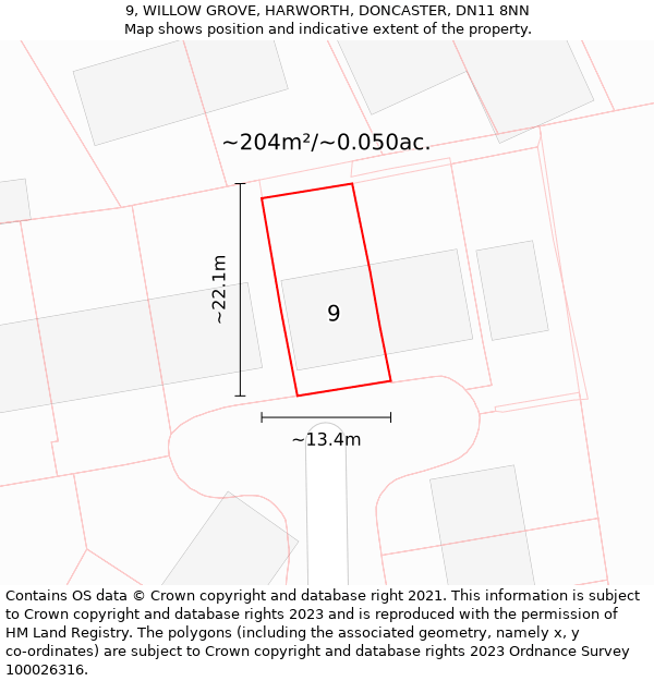 9, WILLOW GROVE, HARWORTH, DONCASTER, DN11 8NN: Plot and title map