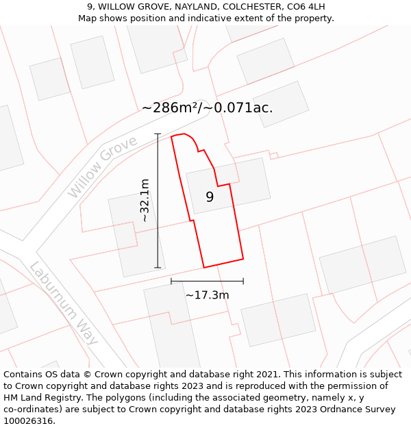 9, WILLOW GROVE, NAYLAND, COLCHESTER, CO6 4LH: Plot and title map