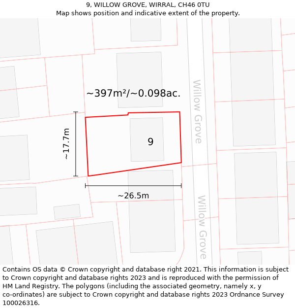 9, WILLOW GROVE, WIRRAL, CH46 0TU: Plot and title map