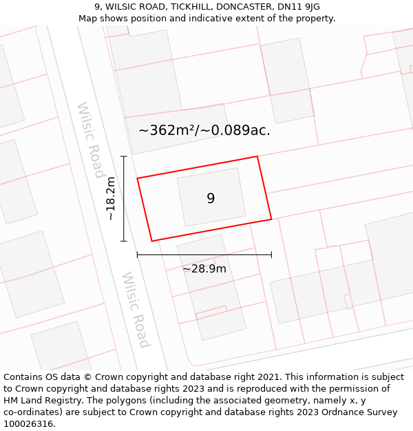 9, WILSIC ROAD, TICKHILL, DONCASTER, DN11 9JG: Plot and title map