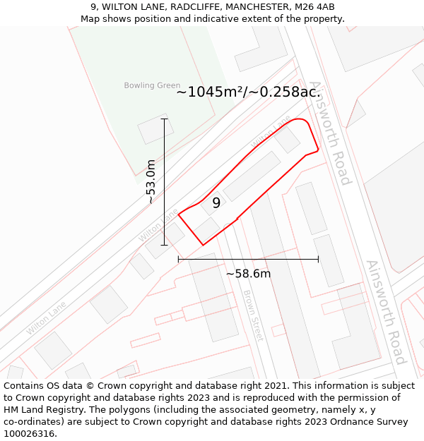 9, WILTON LANE, RADCLIFFE, MANCHESTER, M26 4AB: Plot and title map