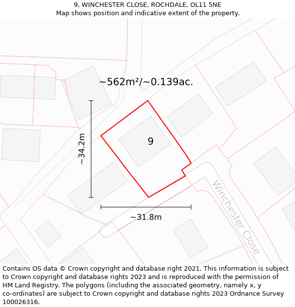 9, WINCHESTER CLOSE, ROCHDALE, OL11 5NE: Plot and title map