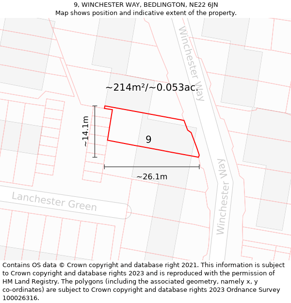 9, WINCHESTER WAY, BEDLINGTON, NE22 6JN: Plot and title map